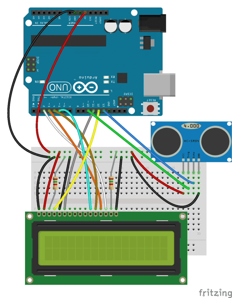 Arduino Ultrasonic Range Finder and LCD Diagram
