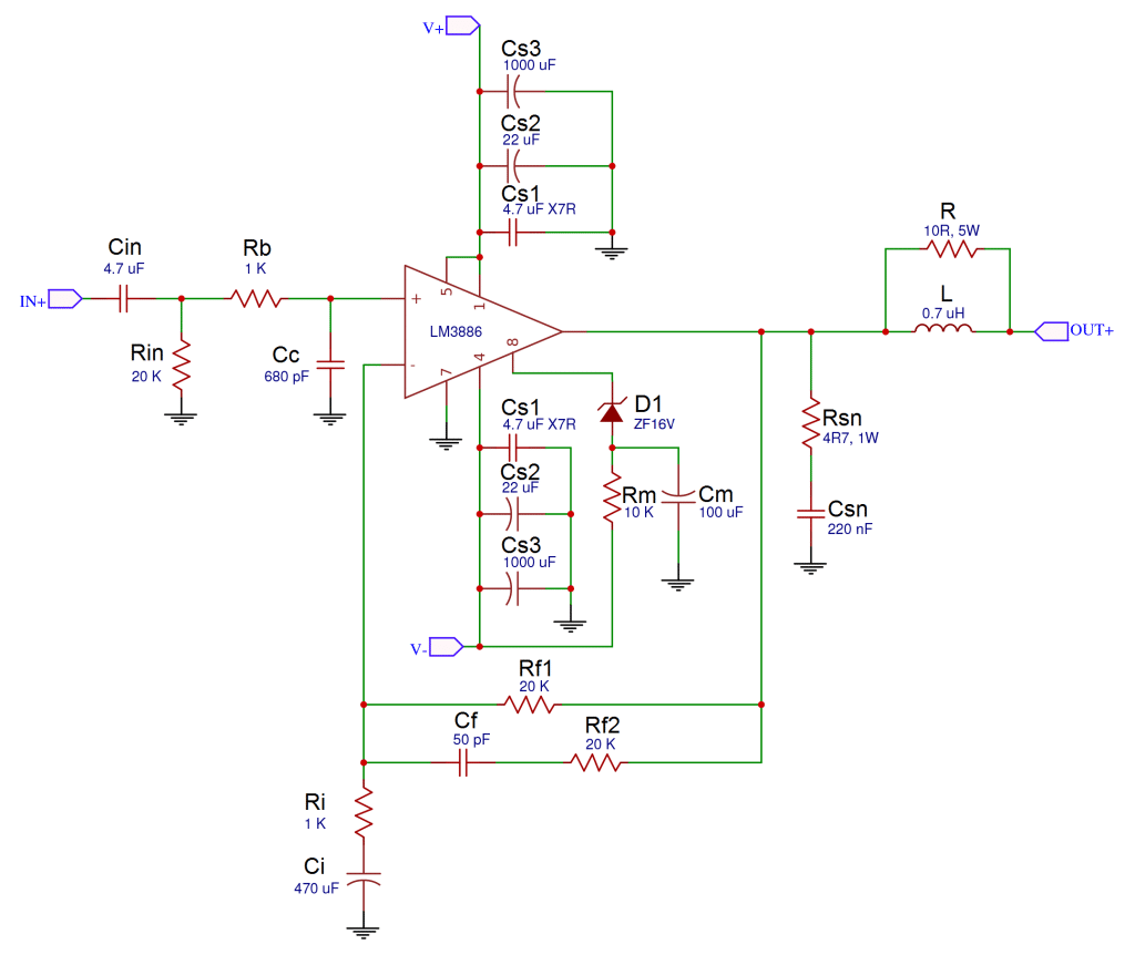 How to Design a Hi-Fi Audio Amplifier With an LM3886 - Circuit Schematic