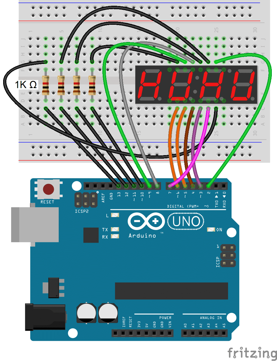 Arduino 7-Segment Display - 4 Digit Display Connection Diagram
