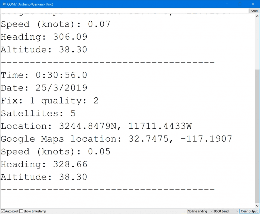 Arduino GPS Sensor Parsed NMEA Sentences Output on Serial Monitor.png