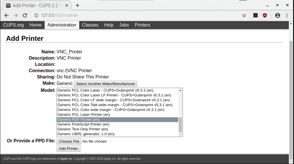 CUPS Select Printer Model
