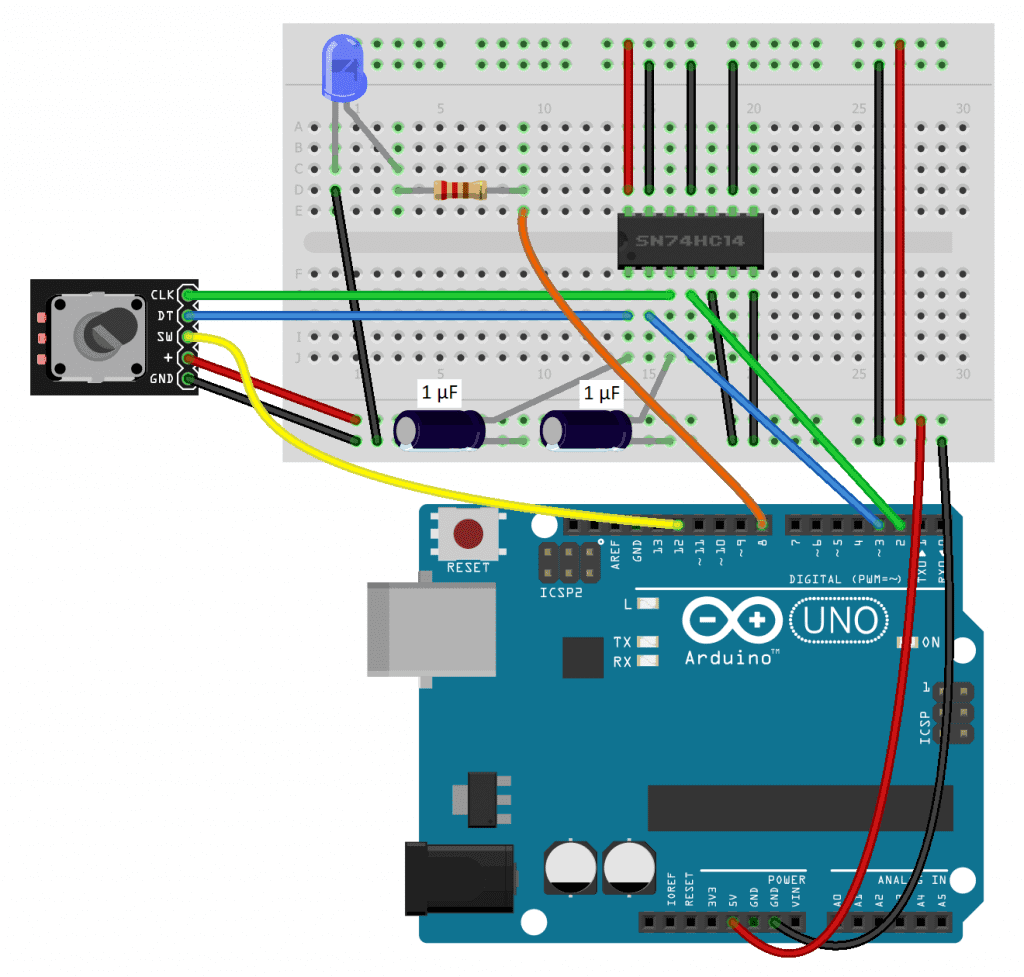 Debounced Rotary Encoder With LED and Interrupts WIRING DIAGRAM