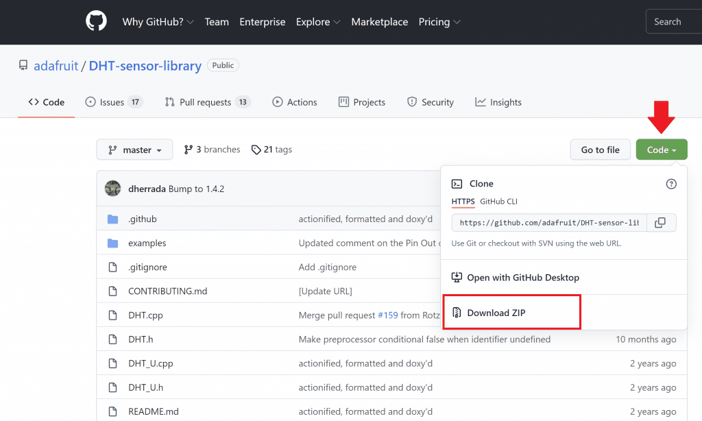 Adafruit DHT Sensor Library Download from GitHub